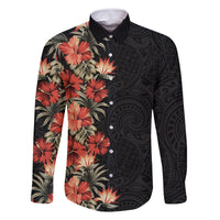 Hawaii Tropical Flowers Tribal Pattern Family Matching Off Shoulder Short Dress and Hawaiian Shirt No6 LT9 Dad's Shirt - Long Sleeve Black - Polynesian Pride