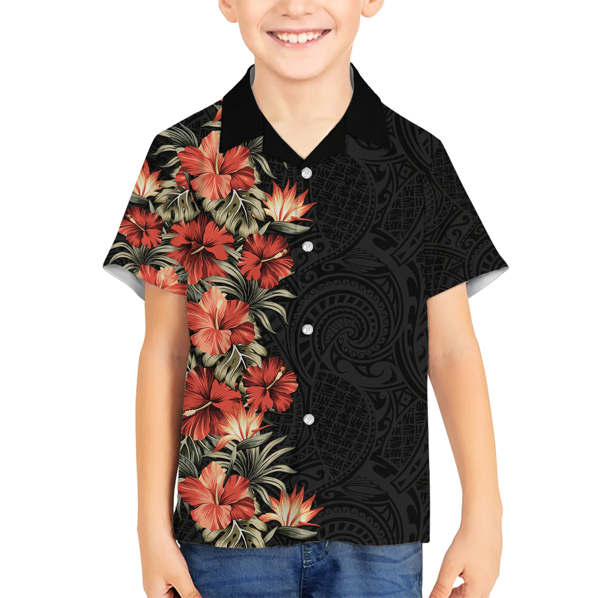 Hawaii Tropical Flowers Tribal Pattern Kid Hawaiian Shirt No6 LT9 Kid Black - Polynesian Pride