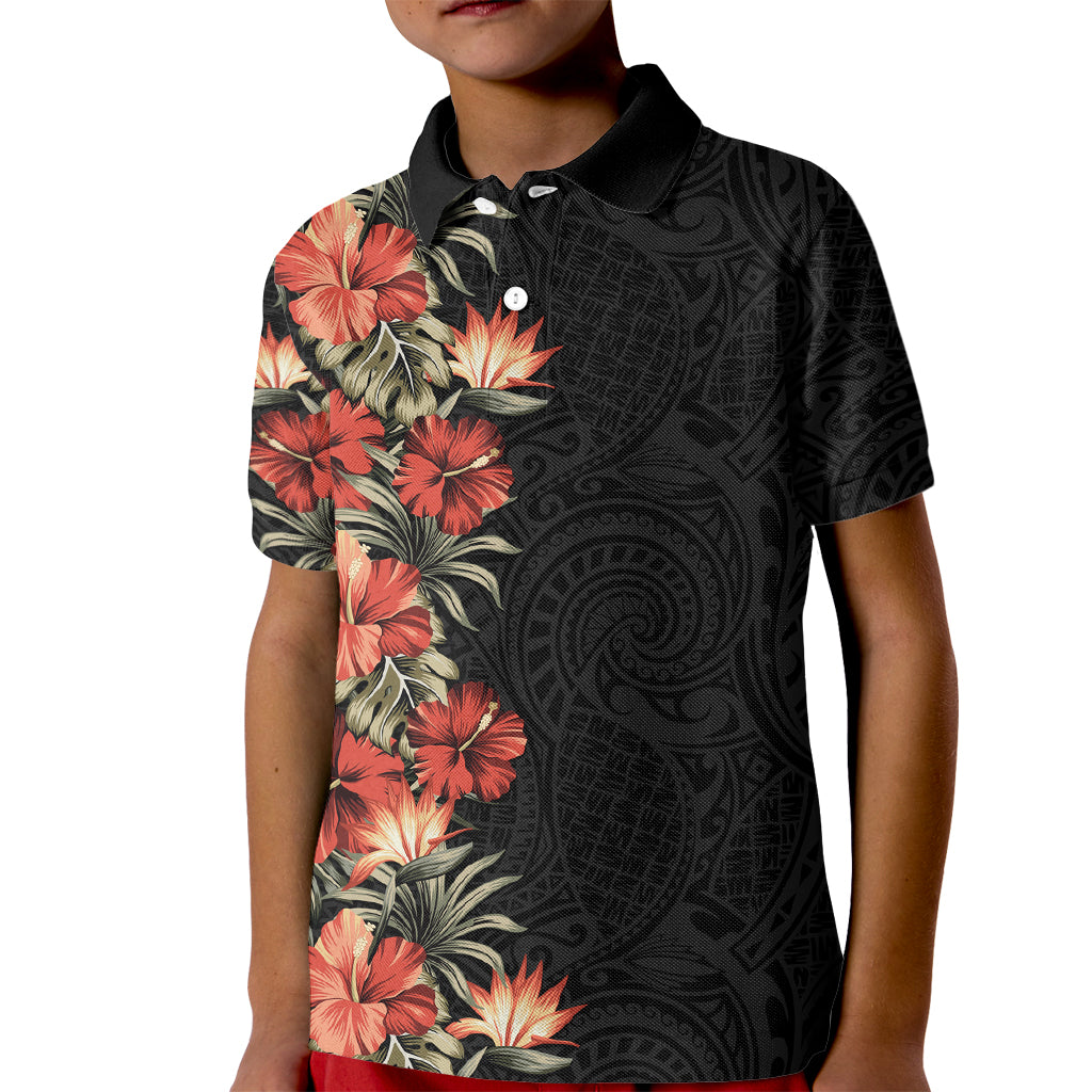 Hawaii Tropical Flowers Tribal Pattern Kid Polo Shirt No6 LT9 Kid Black - Polynesian Pride
