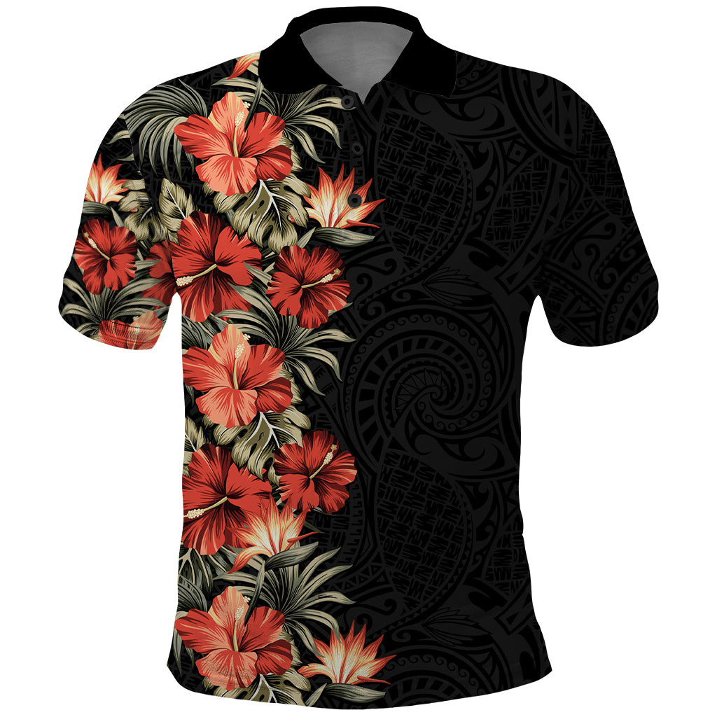 Hawaii Tropical Flowers Tribal Pattern Polo Shirt No6 LT9 Black - Polynesian Pride