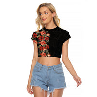 Hawaii Tropical Flowers Tribal Pattern Raglan Cropped T Shirt No6 LT9 Female Black - Polynesian Pride
