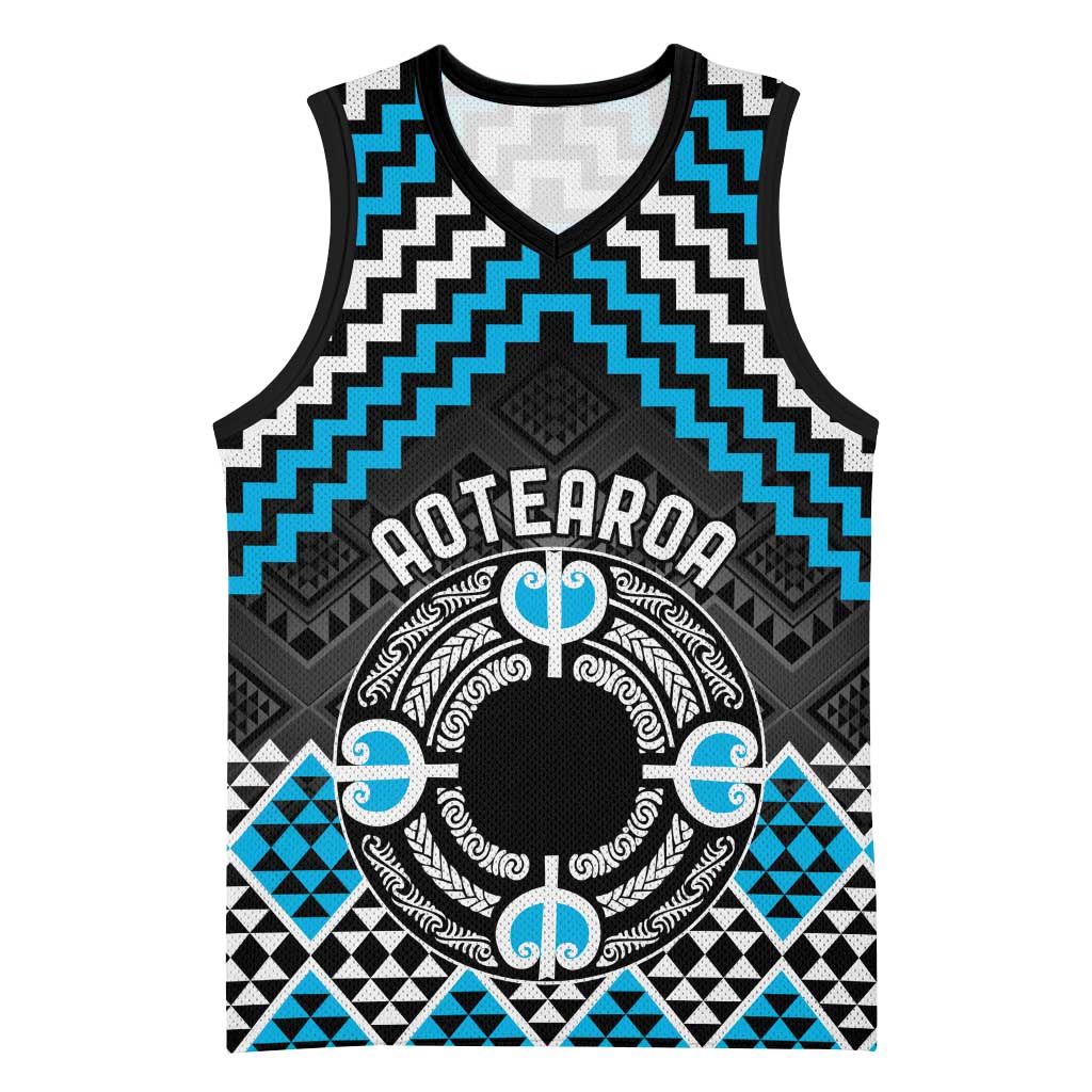 Personalised Aotearoa Niho Taniwha Motif Basketball Jersey Blue Style LT9 Unisex Blue - Polynesian Pride