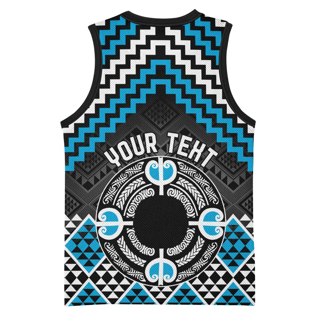 Personalised Aotearoa Niho Taniwha Motif Basketball Jersey Blue Style - Polynesian Pride