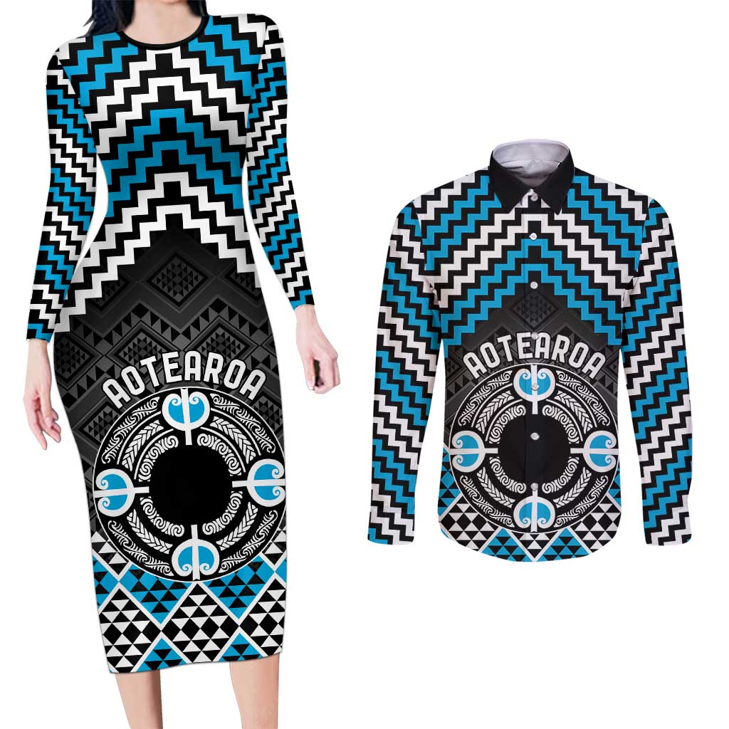 Personalised Aotearoa Niho Taniwha Motif Couples Matching Long Sleeve Bodycon Dress and Long Sleeve Button Shirt Blue Style