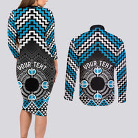Personalised Aotearoa Niho Taniwha Motif Couples Matching Long Sleeve Bodycon Dress and Long Sleeve Button Shirt Blue Style