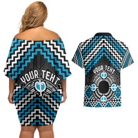 Personalised Aotearoa Niho Taniwha Motif Couples Matching Off Shoulder Short Dress and Hawaiian Shirt Blue Style