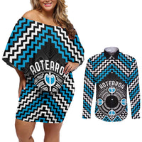 Personalised Aotearoa Niho Taniwha Motif Couples Matching Off Shoulder Short Dress and Long Sleeve Button Shirt Blue Style