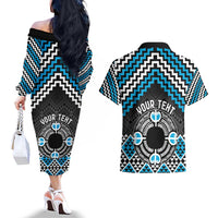 Personalised Aotearoa Niho Taniwha Motif Couples Matching Off The Shoulder Long Sleeve Dress and Hawaiian Shirt Blue Style