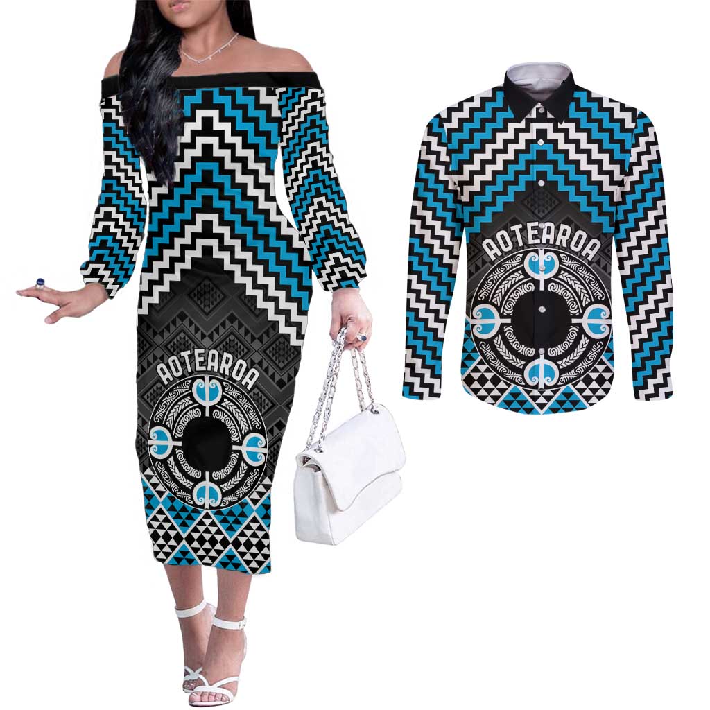 Personalised Aotearoa Niho Taniwha Motif Couples Matching Off The Shoulder Long Sleeve Dress and Long Sleeve Button Shirt Blue Style