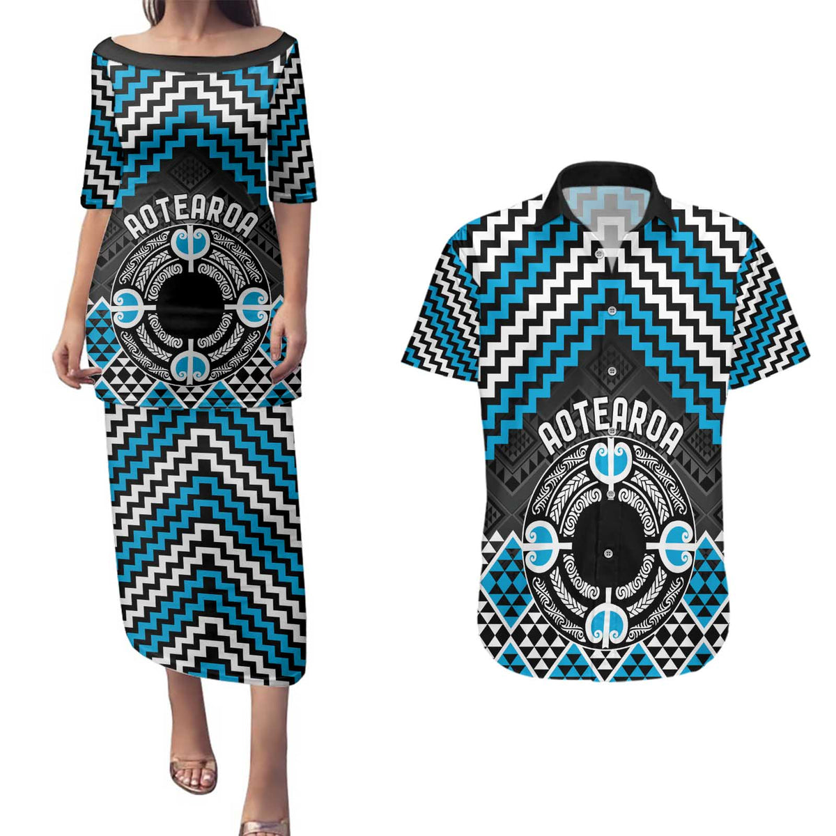 Personalised Aotearoa Niho Taniwha Motif Couples Matching Puletasi and Hawaiian Shirt Blue Style