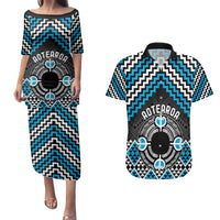 Personalised Aotearoa Niho Taniwha Motif Couples Matching Puletasi and Hawaiian Shirt Blue Style