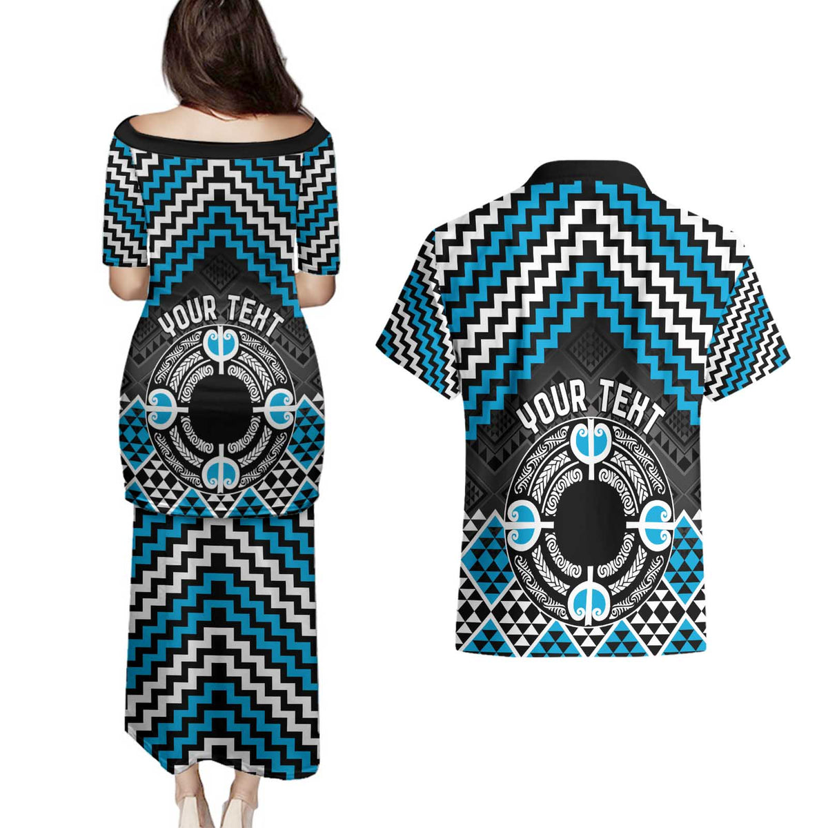 Personalised Aotearoa Niho Taniwha Motif Couples Matching Puletasi and Hawaiian Shirt Blue Style