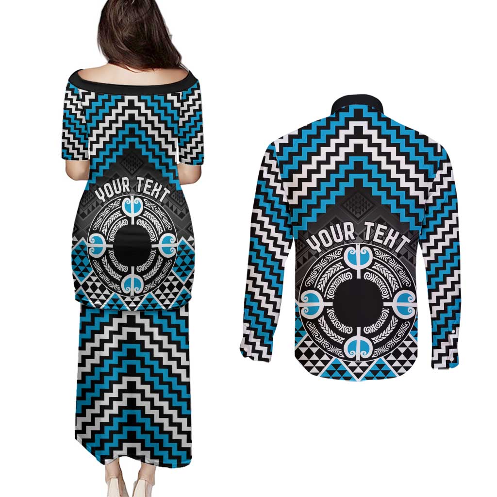 Personalised Aotearoa Niho Taniwha Motif Couples Matching Puletasi and Long Sleeve Button Shirt Blue Style