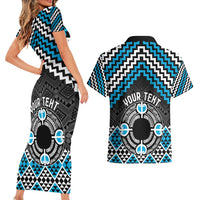 Personalised Aotearoa Niho Taniwha Motif Couples Matching Short Sleeve Bodycon Dress and Hawaiian Shirt Blue Style
