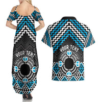 Personalised Aotearoa Niho Taniwha Motif Couples Matching Summer Maxi Dress and Hawaiian Shirt Blue Style