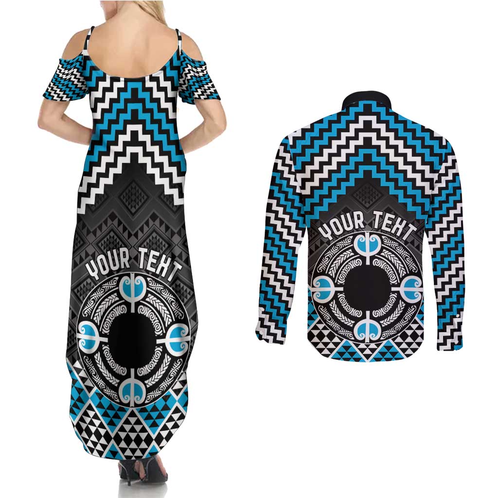 Personalised Aotearoa Niho Taniwha Motif Couples Matching Summer Maxi Dress and Long Sleeve Button Shirt Blue Style