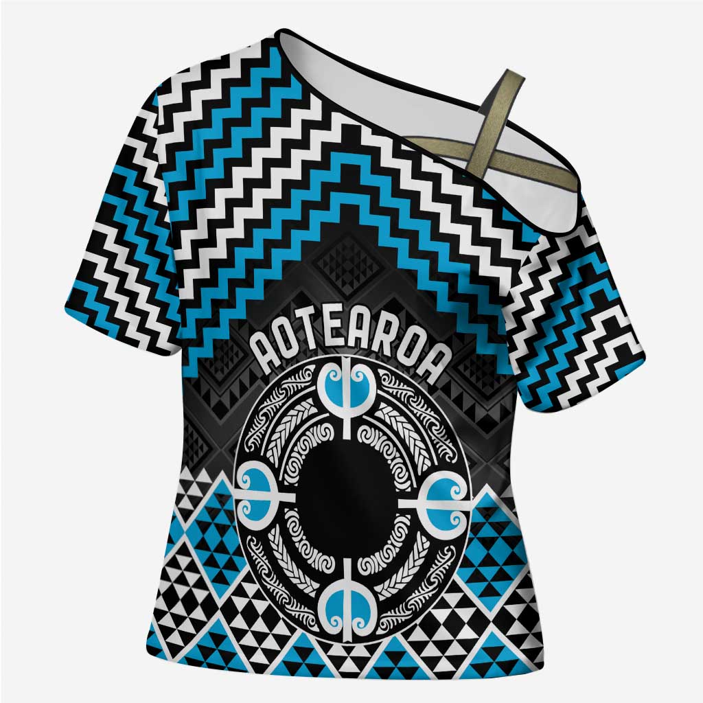 Personalised Aotearoa Niho Taniwha Motif Cross Shoulder Shirt Blue Style LT9 Female Blue - Polynesian Pride