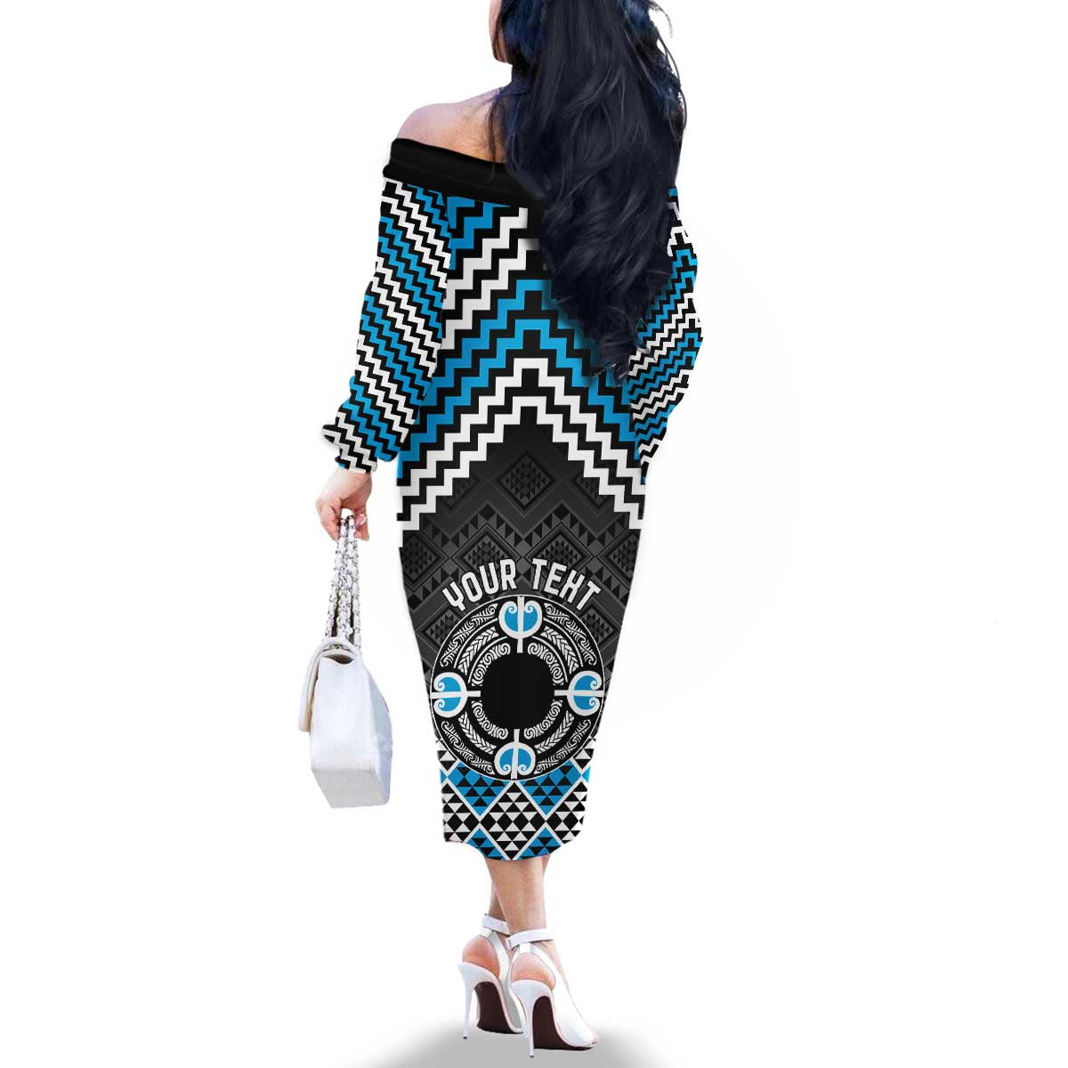 Personalised Aotearoa Niho Taniwha Motif Family Matching Off The Shoulder Long Sleeve Dress and Hawaiian Shirt Blue Style