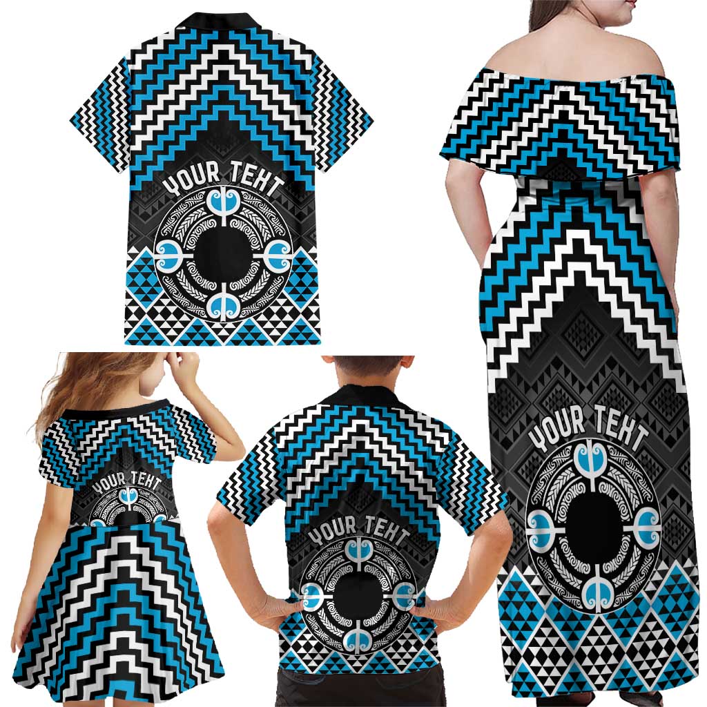 Personalised Aotearoa Niho Taniwha Motif Family Matching Off Shoulder Maxi Dress and Hawaiian Shirt Blue Style