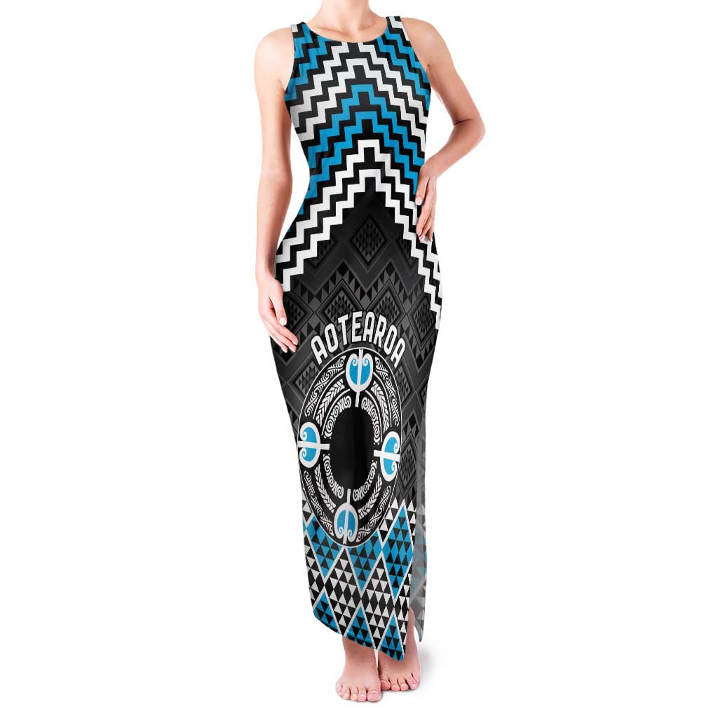 Personalised Aotearoa Niho Taniwha Motif Family Matching Tank Maxi Dress and Hawaiian Shirt Blue Style