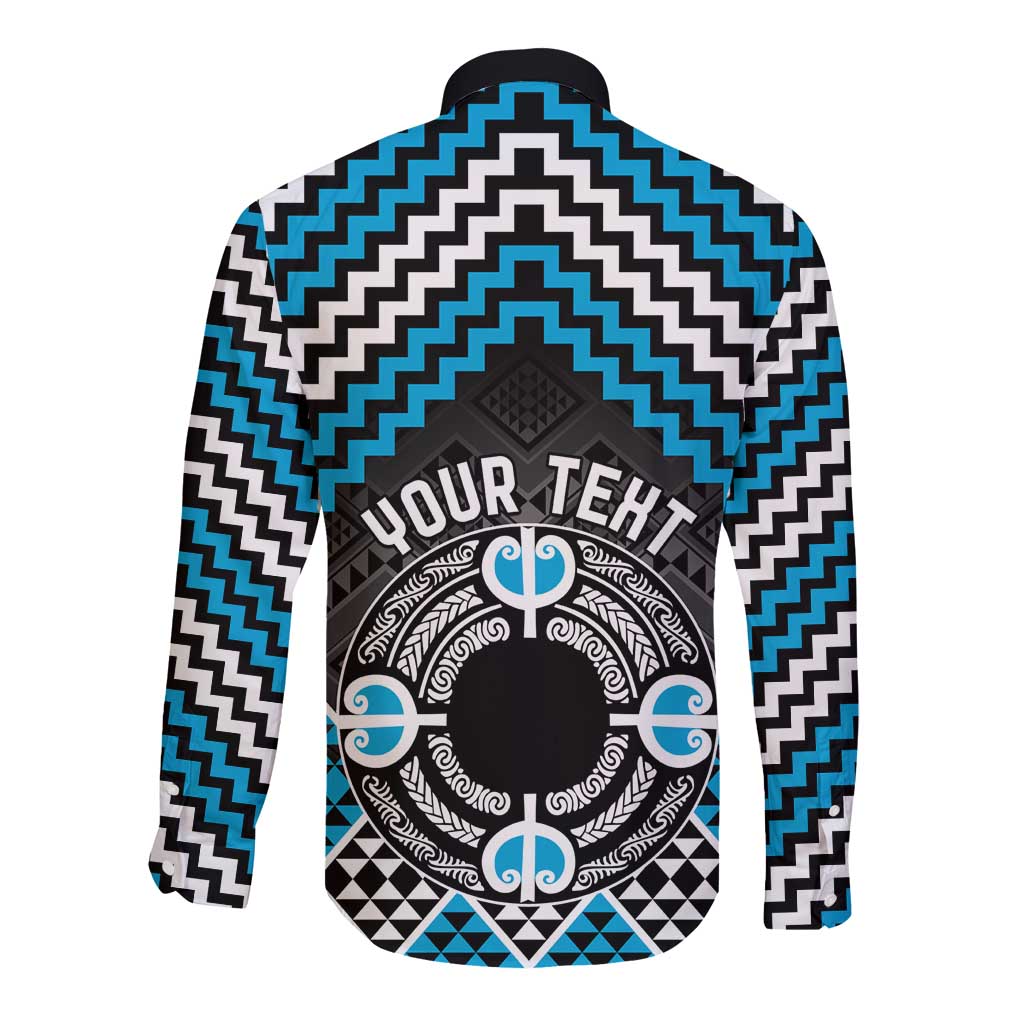 Personalised Aotearoa Niho Taniwha Motif Long Sleeve Button Shirt Blue Style LT9 - Polynesian Pride