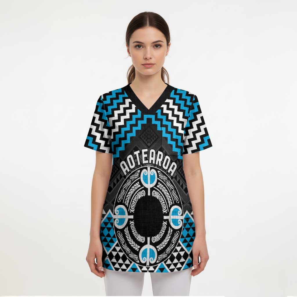 Personalised Aotearoa Niho Taniwha Motif Scrub Top Blue Style - Polynesian Pride
