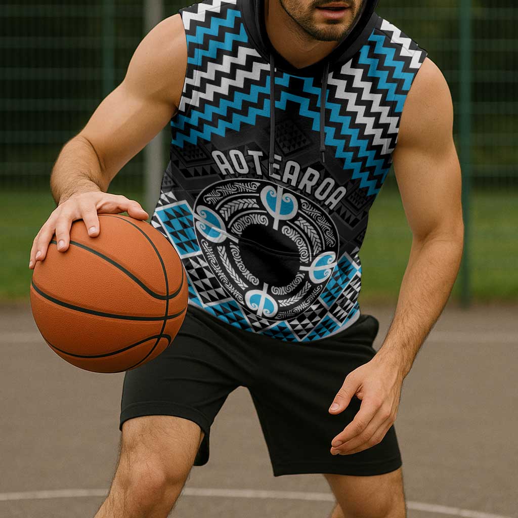 Personalised Aotearoa Niho Taniwha Motif Sleeveless Hoodie Blue Style - Polynesian Pride