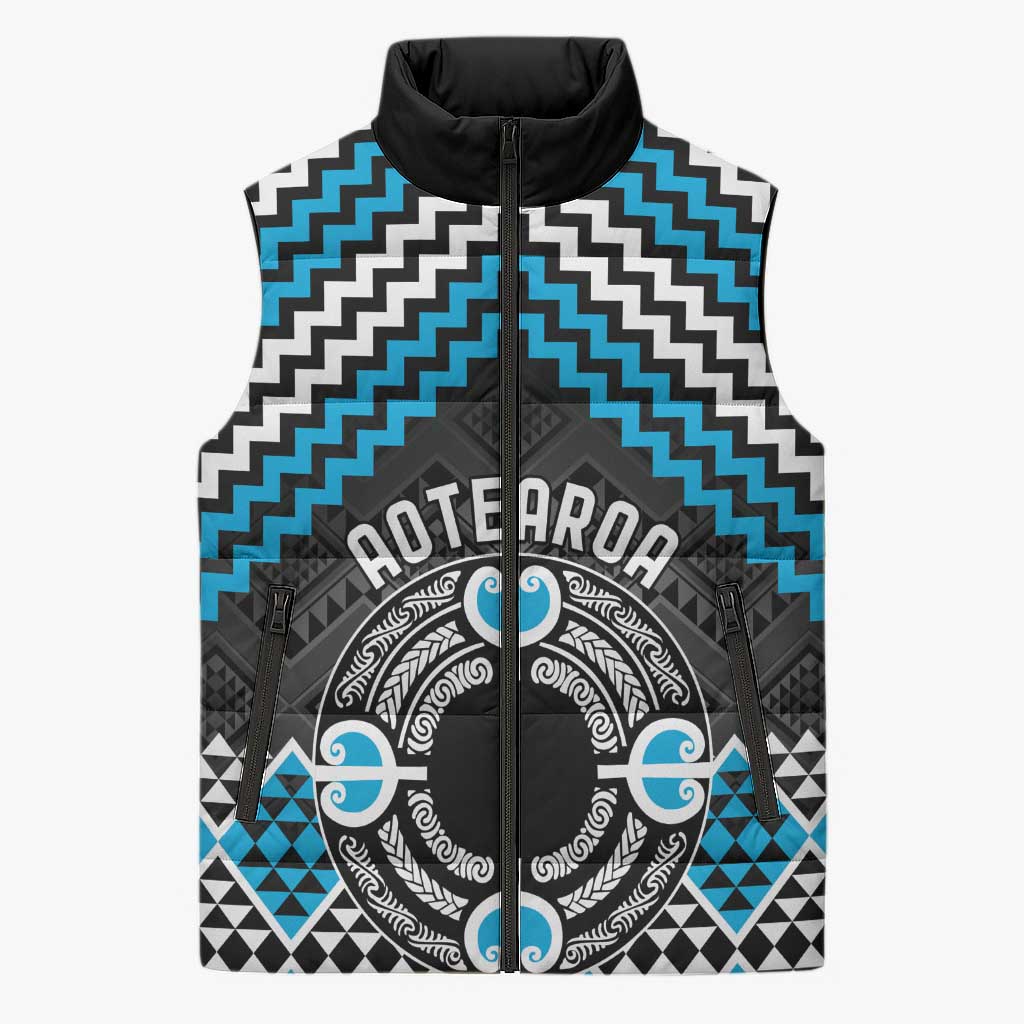 Personalised Aotearoa Niho Taniwha Motif Sleeveless Puffer Jacket Blue Style - Polynesian Pride
