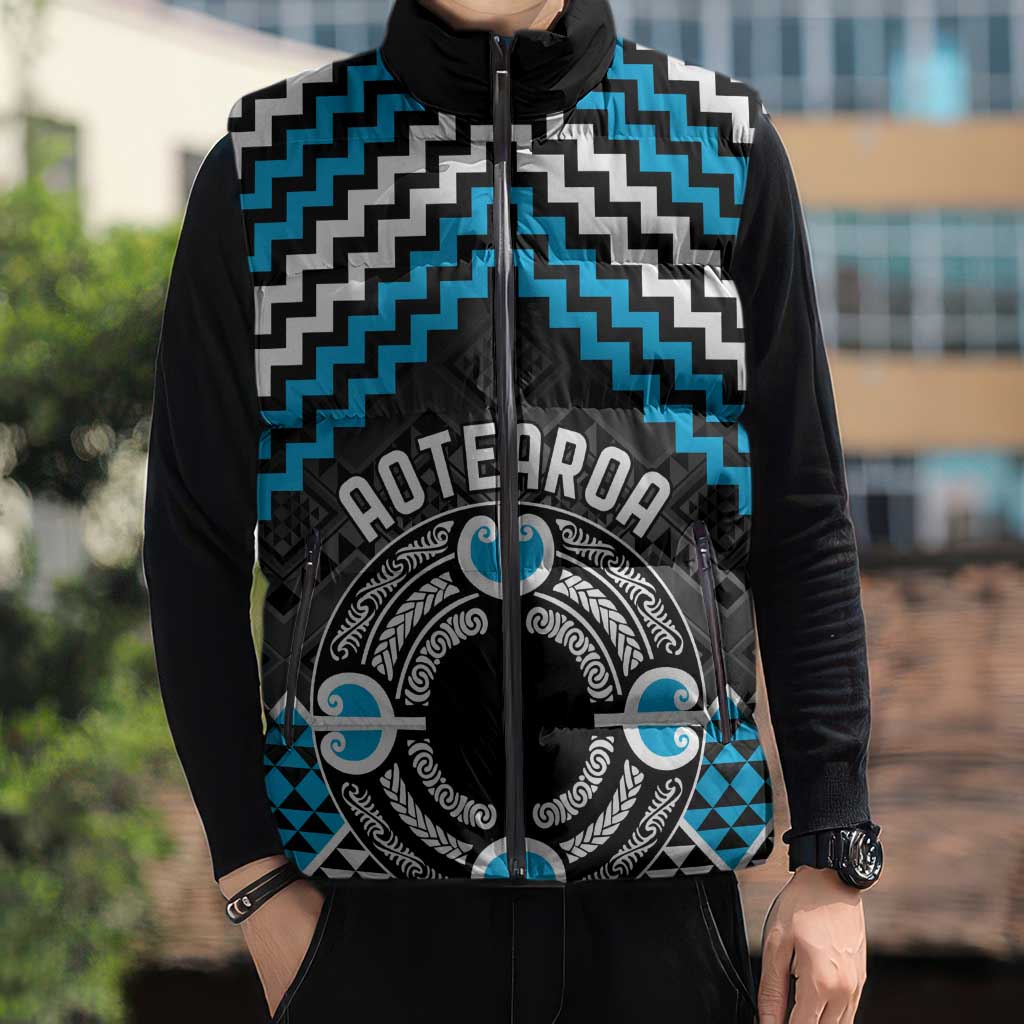 Personalised Aotearoa Niho Taniwha Motif Sleeveless Puffer Jacket Blue Style - Polynesian Pride