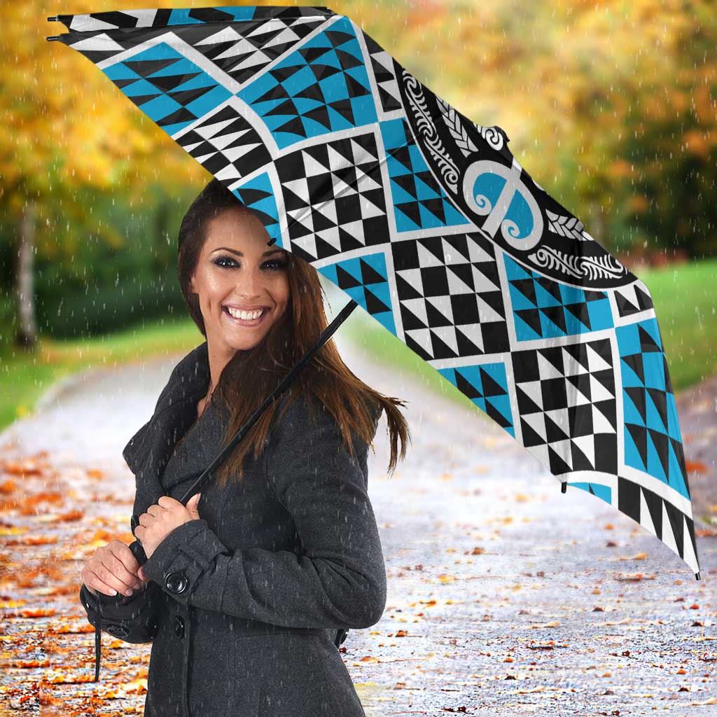 Personalised Aotearoa Niho Taniwha Motif Umbrella Blue Style - Polynesian Pride