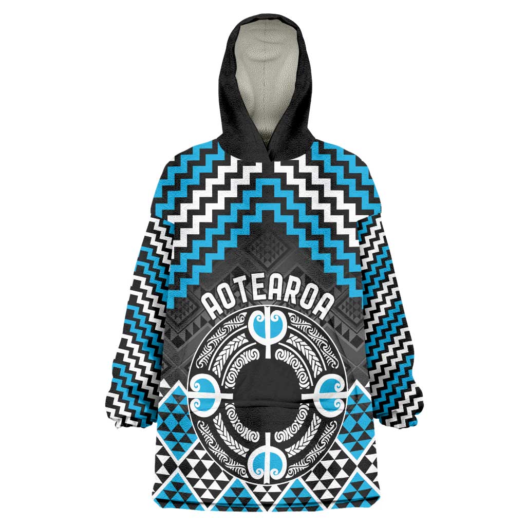 Personalised Aotearoa Niho Taniwha Motif Wearable Blanket Hoodie Blue Style