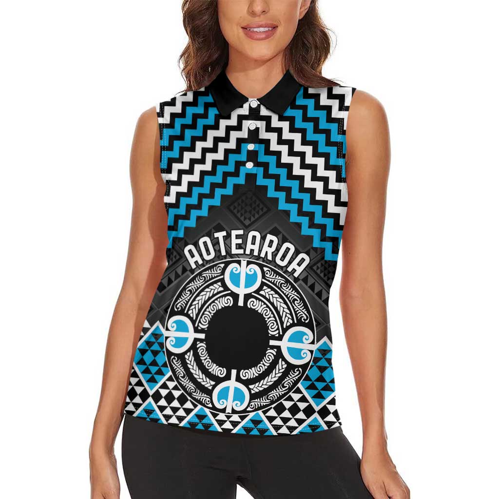 Personalised Aotearoa Niho Taniwha Motif Women Sleeveless Polo Shirt Blue Style