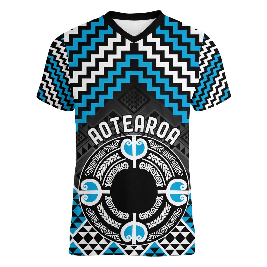 Personalised Aotearoa Niho Taniwha Motif Women V-Neck T-Shirt Blue Style LT9 Female Blue - Polynesian Pride