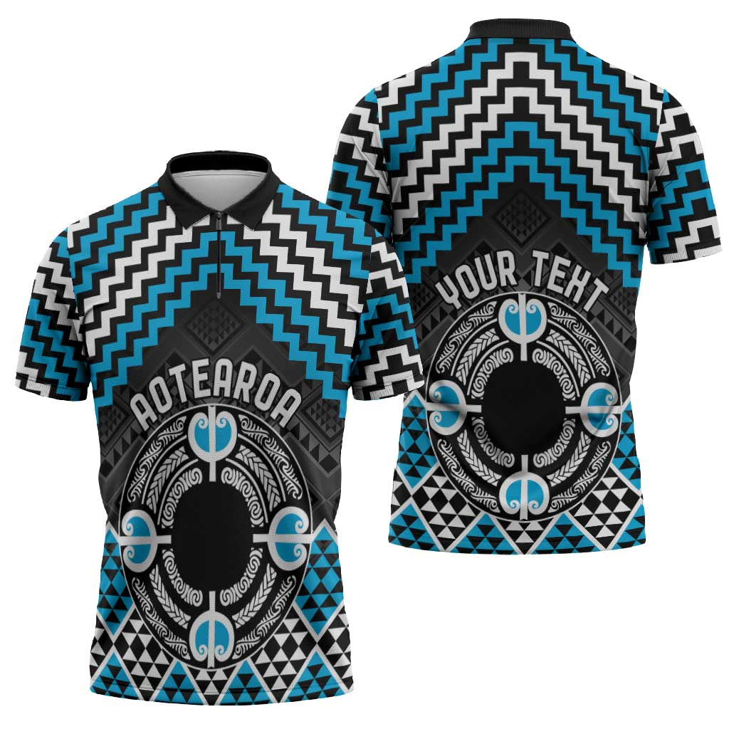 Personalised Aotearoa Niho Taniwha Motif Zipper Polo Shirt Blue Style - Polynesian Pride