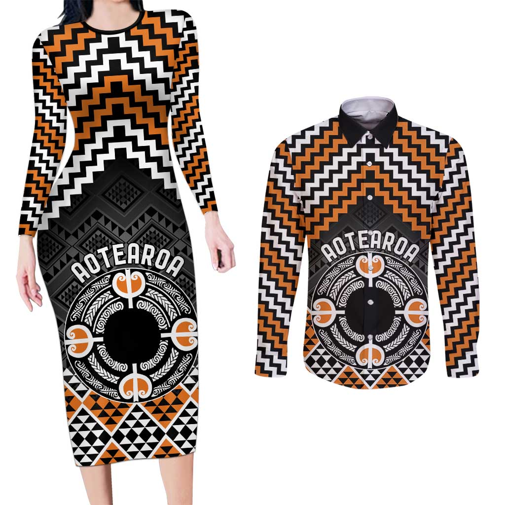 Personalised Aotearoa Niho Taniwha Motif Couples Matching Long Sleeve Bodycon Dress and Long Sleeve Button Shirt Gold Style