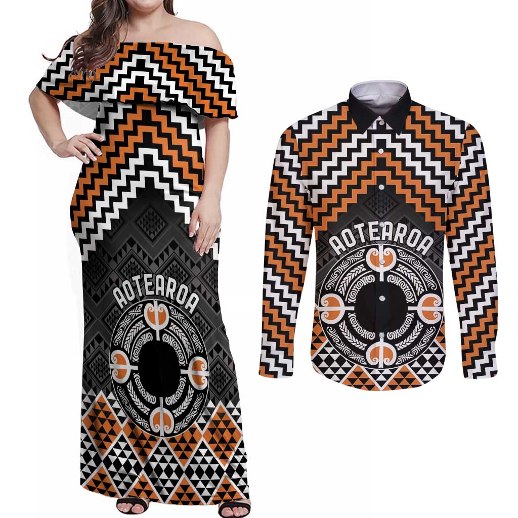 Personalised Aotearoa Niho Taniwha Motif Couples Matching Off Shoulder Maxi Dress and Long Sleeve Button Shirt Gold Style