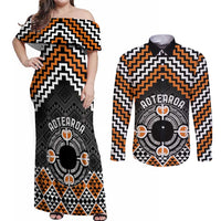 Personalised Aotearoa Niho Taniwha Motif Couples Matching Off Shoulder Maxi Dress and Long Sleeve Button Shirt Gold Style