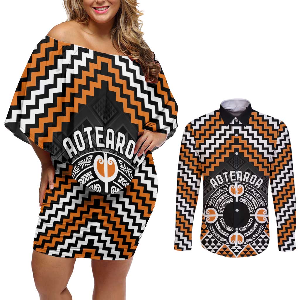 Personalised Aotearoa Niho Taniwha Motif Couples Matching Off Shoulder Short Dress and Long Sleeve Button Shirt Gold Style