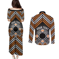 Personalised Aotearoa Niho Taniwha Motif Couples Matching Puletasi and Long Sleeve Button Shirt Gold Style