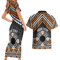 Personalised Aotearoa Niho Taniwha Motif Couples Matching Short Sleeve Bodycon Dress and Hawaiian Shirt Gold Style