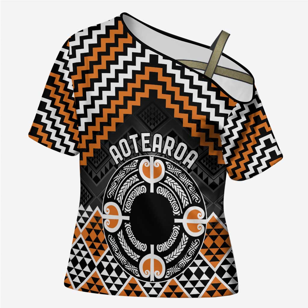 Personalised Aotearoa Niho Taniwha Motif Cross Shoulder Shirt Gold Style LT9 Female Gold - Polynesian Pride