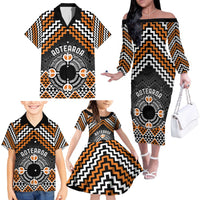 Personalised Aotearoa Niho Taniwha Motif Family Matching Off The Shoulder Long Sleeve Dress and Hawaiian Shirt Gold Style