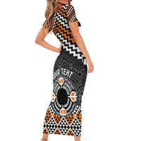 Personalised Aotearoa Niho Taniwha Motif Family Matching Short Sleeve Bodycon Dress and Hawaiian Shirt Gold Style
