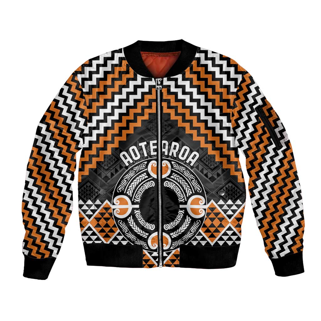 Personalised Aotearoa Niho Taniwha Motif Sleeve Zip Bomber Jacket Gold Style LT9 Unisex Gold - Polynesian Pride