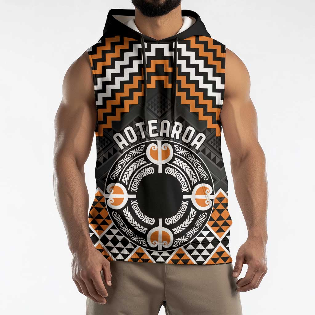 Personalised Aotearoa Niho Taniwha Motif Sleeveless Hoodie Gold Style - Polynesian Pride