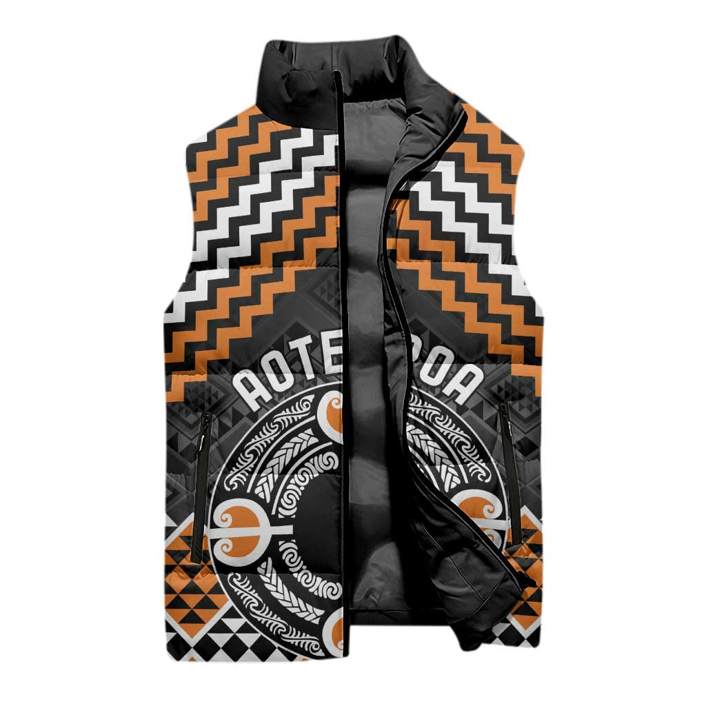 Personalised Aotearoa Niho Taniwha Motif Sleeveless Puffer Jacket Gold Style - Polynesian Pride