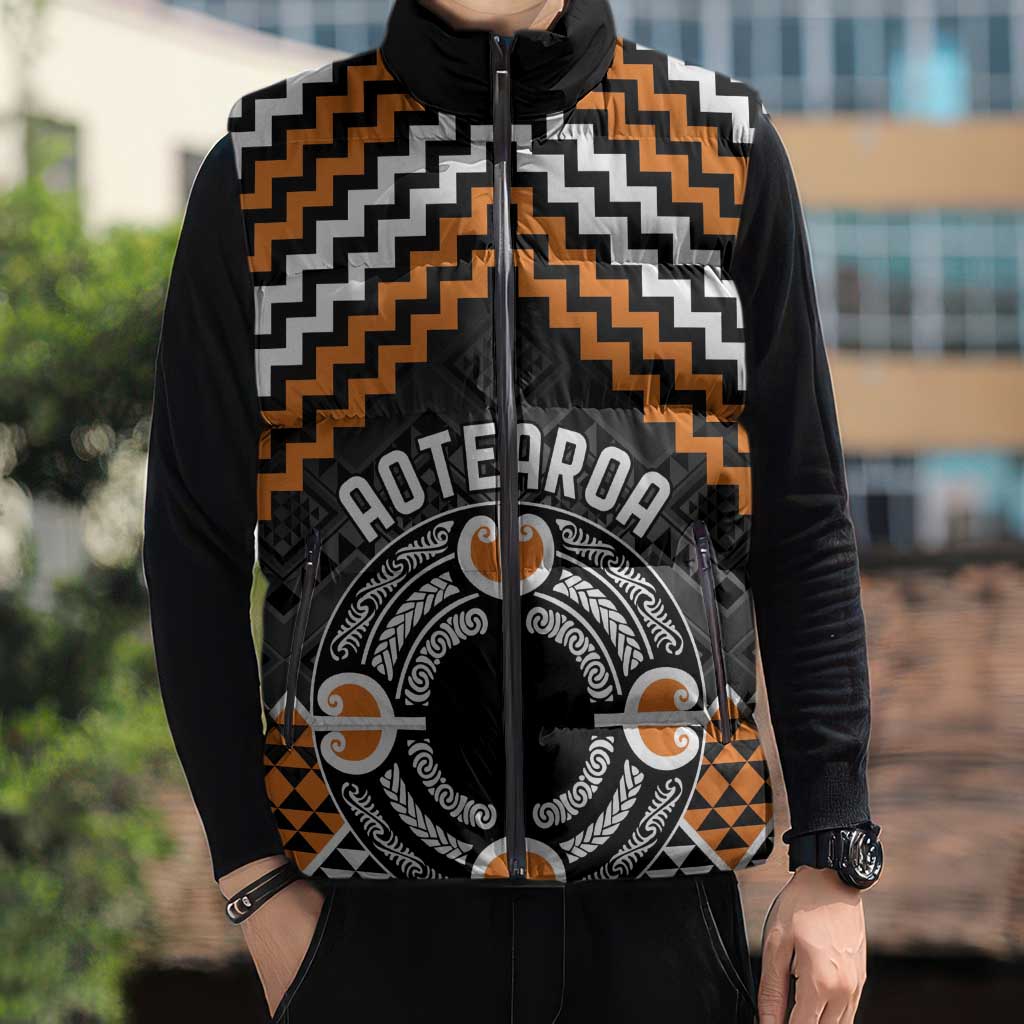 Personalised Aotearoa Niho Taniwha Motif Sleeveless Puffer Jacket Gold Style - Polynesian Pride