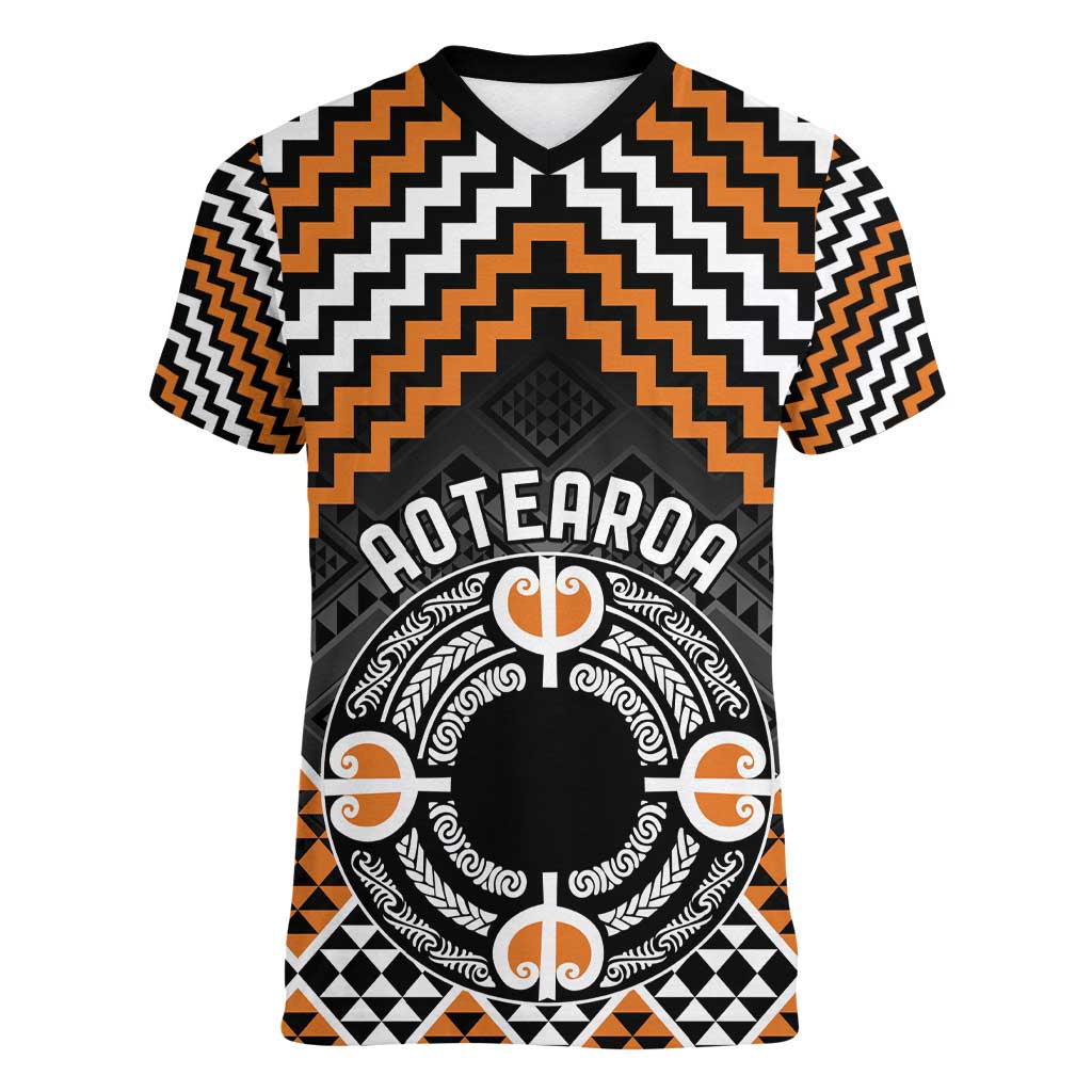 Personalised Aotearoa Niho Taniwha Motif Women V-Neck T-Shirt Gold Style LT9 Female Gold - Polynesian Pride