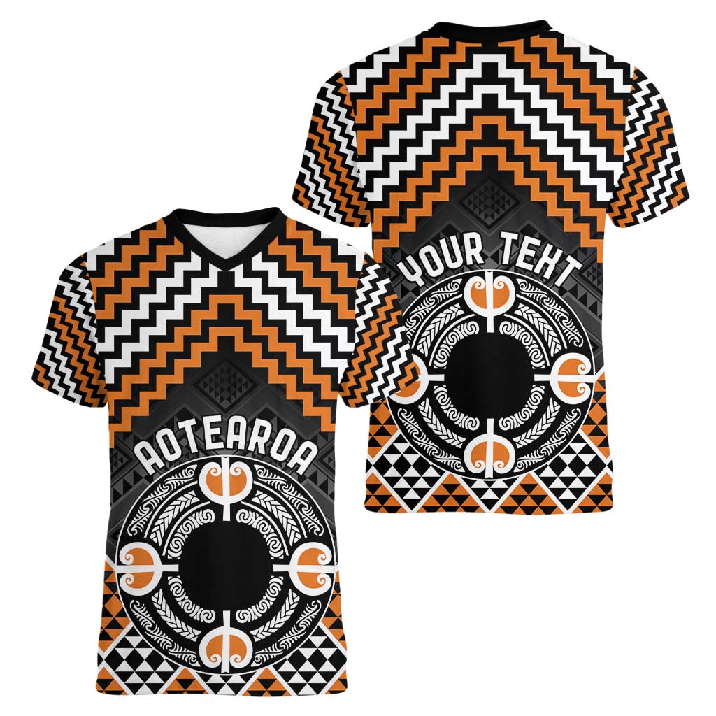 Personalised Aotearoa Niho Taniwha Motif Women V-Neck T-Shirt Gold Style