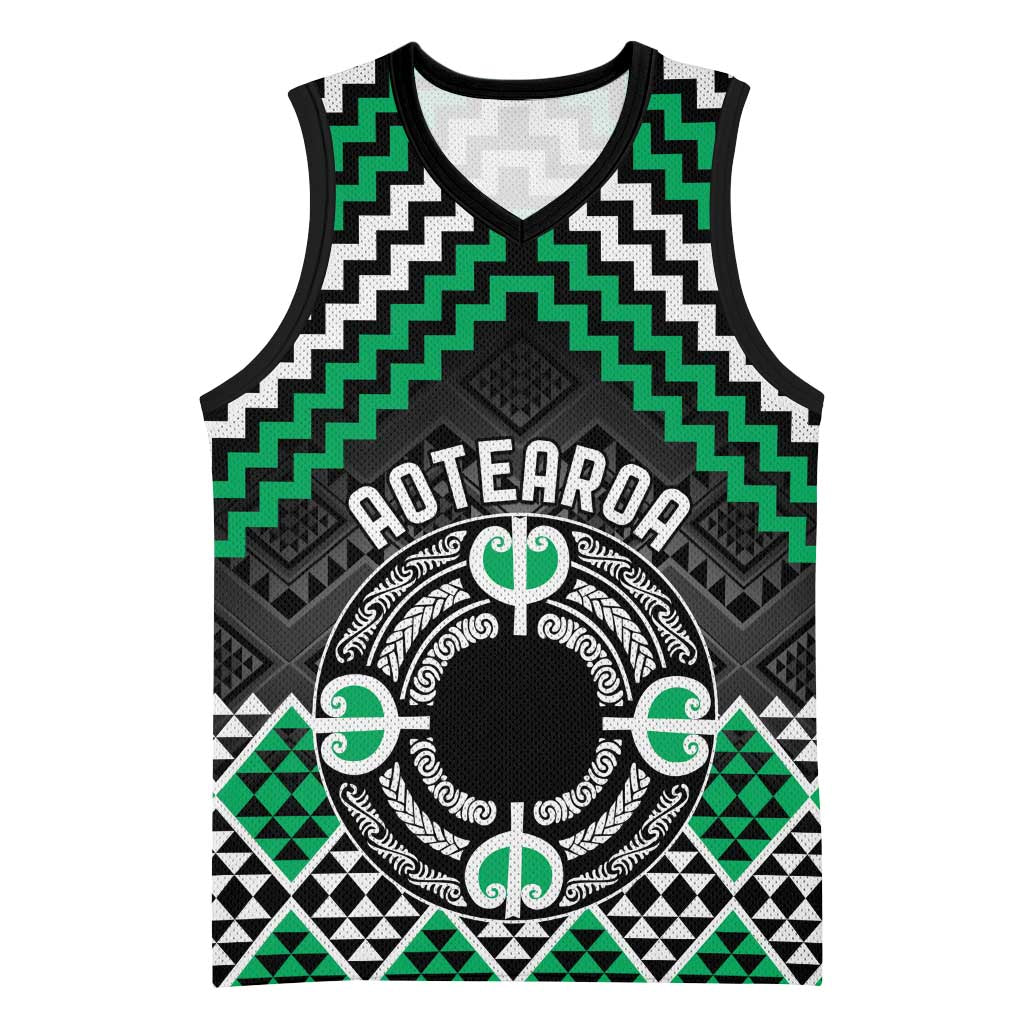 Personalised Aotearoa Niho Taniwha Motif Basketball Jersey Green Style - Polynesian Pride